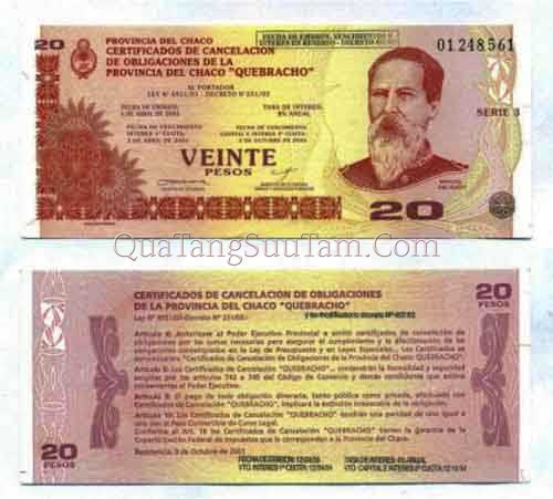 ARGENTINA CHACO EMERGENCY NOTE 20 PESOS SERIE 3 2002 OVPT UNC - 370k